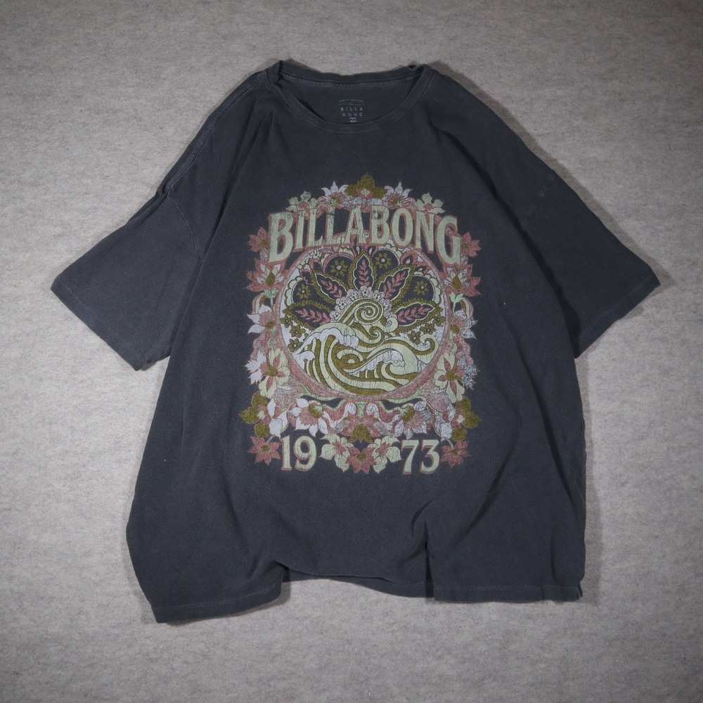 Billabong Mens Graphic T-Shirt Large Gray Floral Wave 1973 Skater Streetwear Y2K